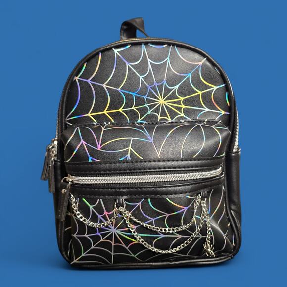 Claire’s Gothic Black Backpack w/ Iridescent Spider Web & chain detail NWT - Picture 1 of 7